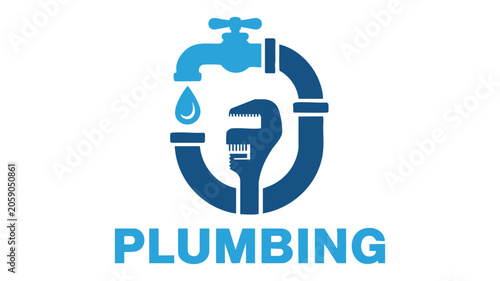 Plumbing Logo Icon with Faucet, Valve and Pipe Elements, Blue Monochrome Vector Style, Water Drop and Wordmark Plumbing