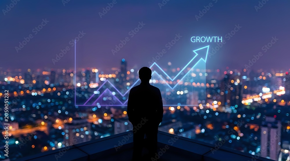 Fototapeta premium Businessman Silhouette Standing Over Night City with Growth Chart Arrow Success Concept