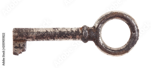Old rusty key isolated on white background.