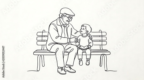 Elderly man talking to young child on bench