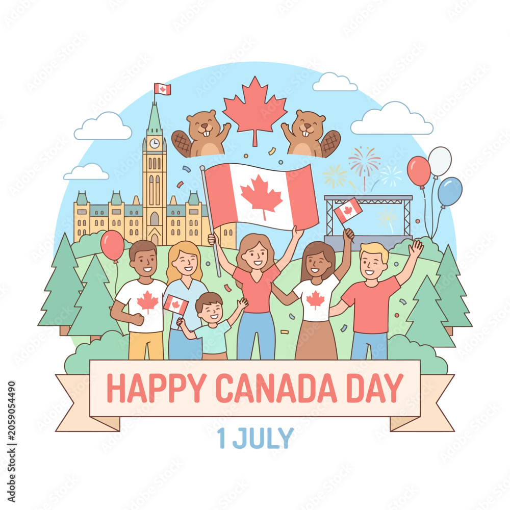 Fototapeta premium Happy canada day celebration with diverse people holding national flag
