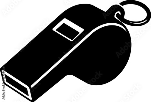 Foto Sports referee whistle black silhouette icon with ring, mouthpiece and clean cutout details, isolated on white background