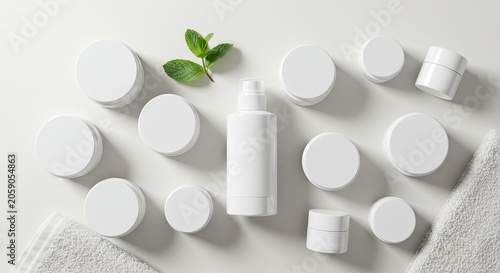 Skincare products and a green leaf arranged on a white surface with towels