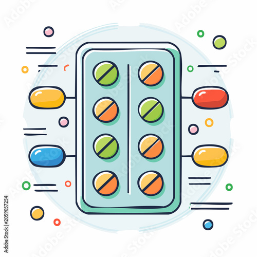 Illustration of a blister pack with pills and capsules