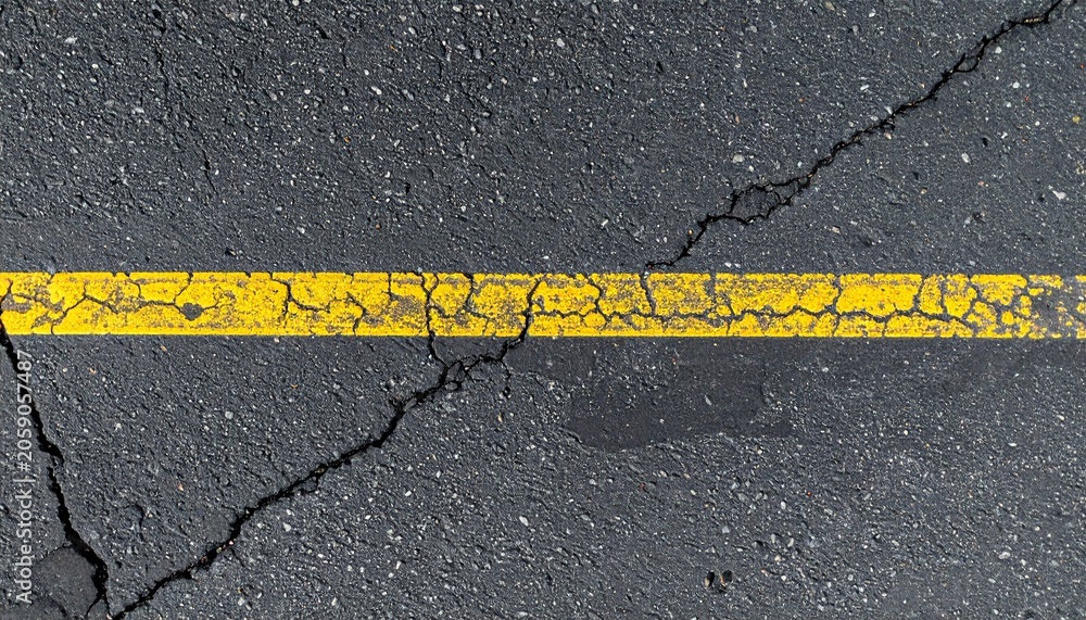 Fototapeta premium Asphalt road background with horizontal yellow line and cracks