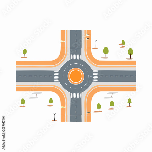 Roundabout Intersection with Pedestrian Crossings and Trees