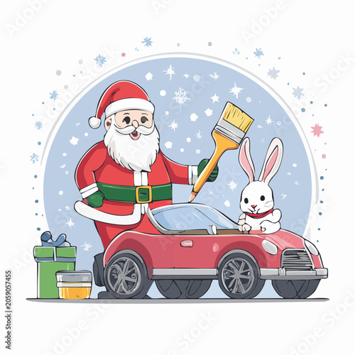 Santa Claus painting a red car with a bunny passenger