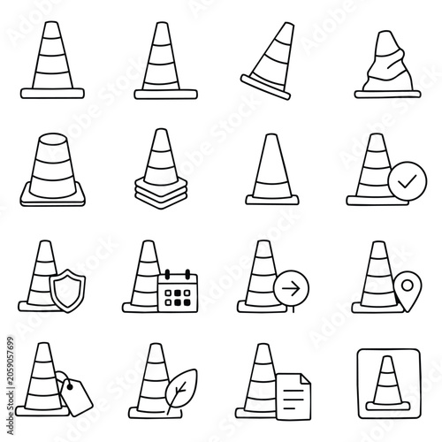 Traffic Barrier Line Icon Collection. Set of highway markers symbolising caution and construction management tasks. Linear vector graphics for safety planning and route control.