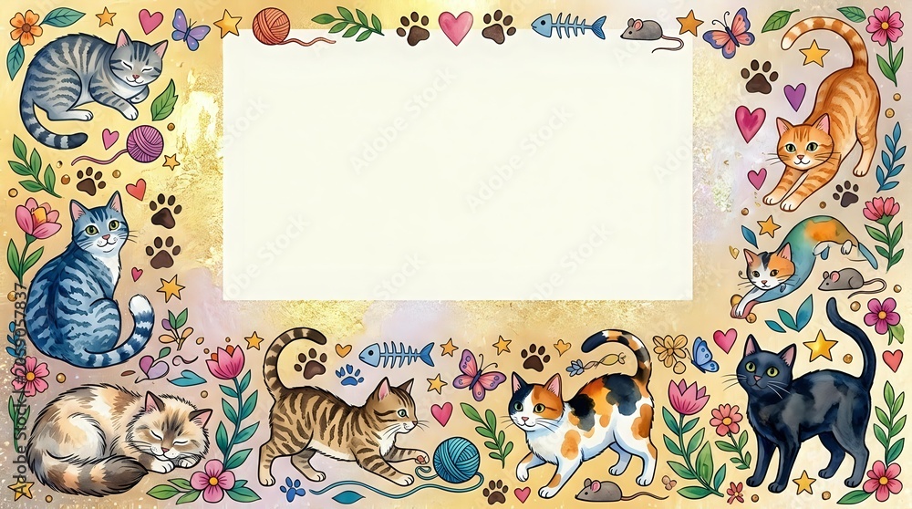 Fototapeta premium Cute Cat Border Frame Template with Tabby Cat and Flowers for Greeting Cards and Invitations