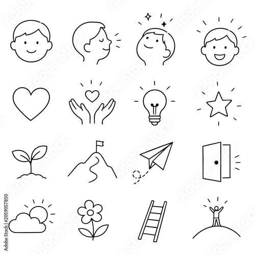 Personal Development Line Art Symbols. These minimalist sketches represent self improvement journeys through inspiration and reaching objectives in life or career