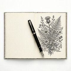 A black pen lies on a blank notepad with a decorative border and a floral doodle design.