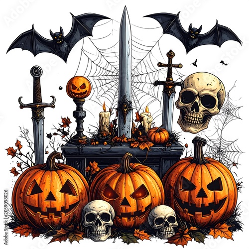 A spooky Halloween scene with jack-o-lanterns, skulls, and swords on a white background