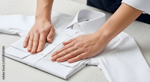 Hands smoothing and folding a white shirt on a plain worktable