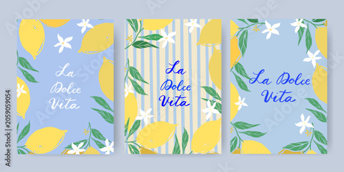 Foto La Dolce Vita lemon floral poster trio with pastel blue and yellow palette