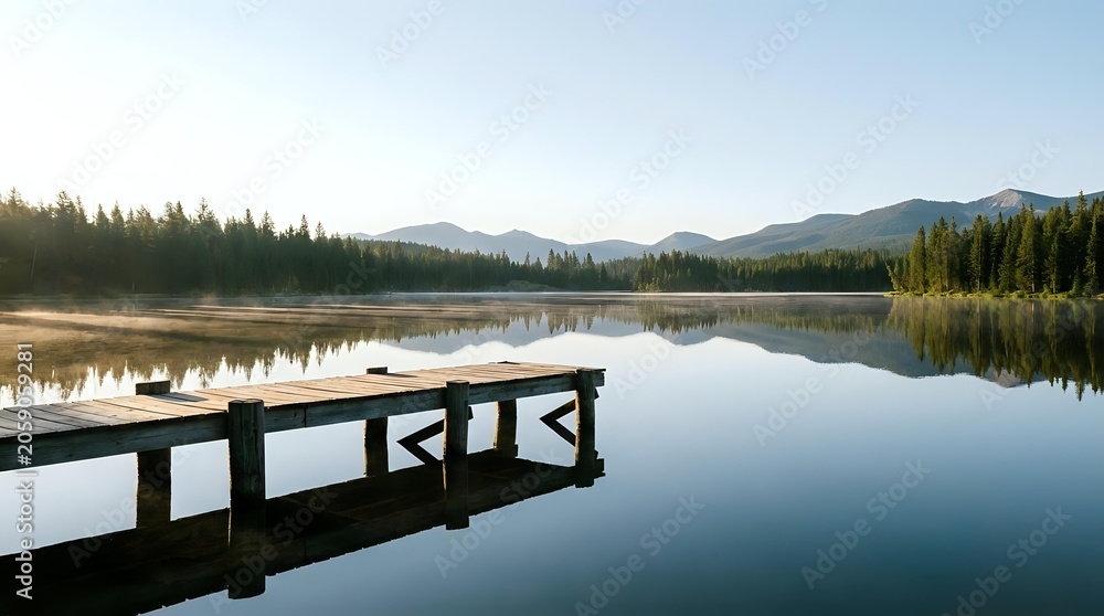 Fototapeta premium Wooden dock extending into calm lake with forested mountains and clear sky reflected in still water, suitable for travel, nature, and outdoor recreation marketing.