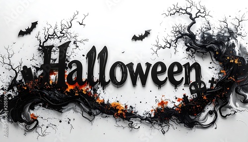 A spooky Halloween-themed design with black tree branches, bats, and orange sparks on a white background