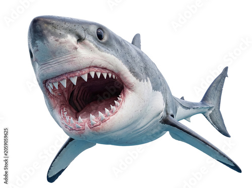 Bild auf Leinwand Striking 3D render of a great white shark with menacing open jaws and sharp teeth, isolated