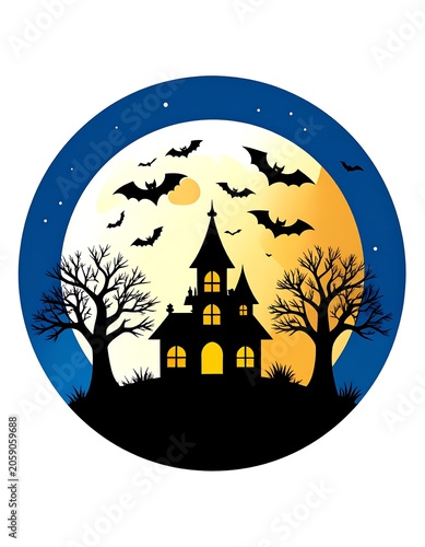 A spooky haunted house silhouette under a full moon with bats flying