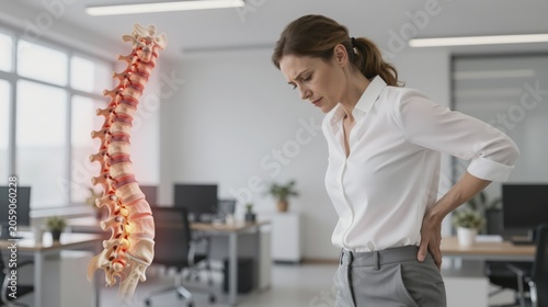 Photorealistic office scene of a woman with lower back pain and a glowing lumbar spine overlay