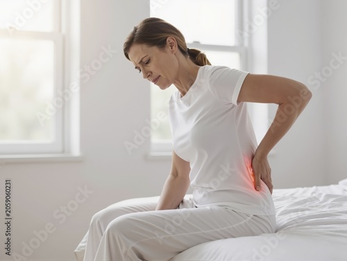 Woman in white sleepwear sits on a bed in a bright bedroom holding her lower back in morning light with a red lumbar spine visualization