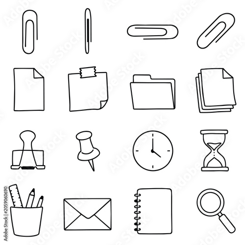 Hand Drawn Office Supply Icon Set. Sketchy stationery doodles represent productivity and organization. These artistic symbols embody workplace efficiency and time management tasks.
