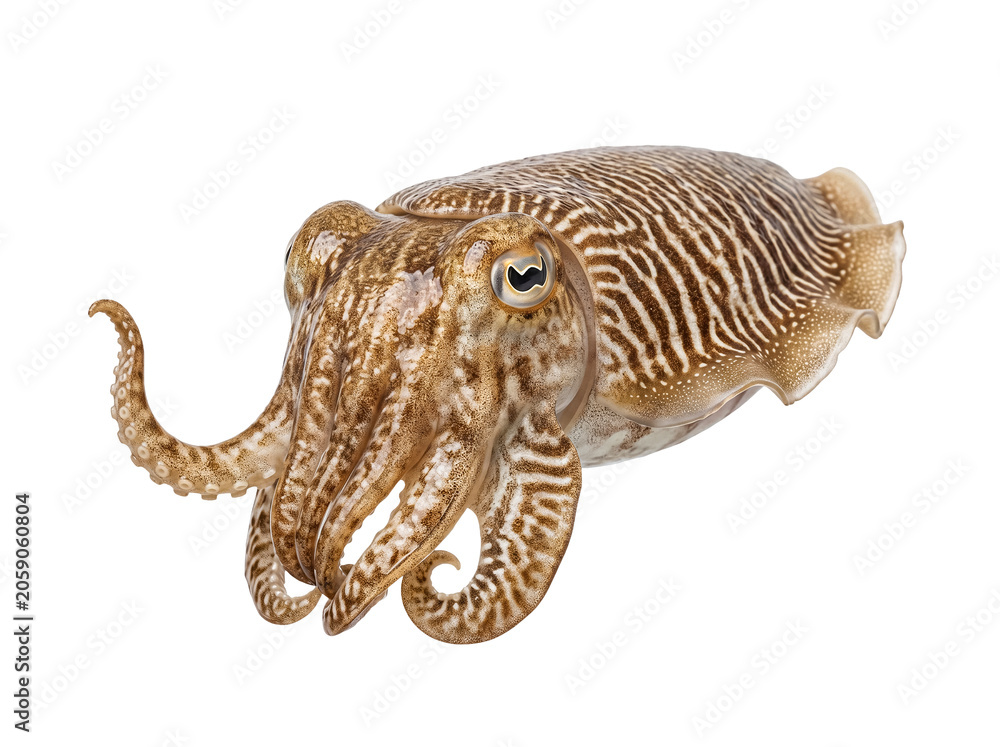 Obraz premium Vibrant close-up photography of a common cuttlefish, a marine cephalopod, isolated on a transparent studio background.