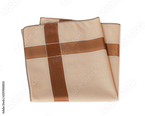 A neatly folded classic mens handkerchief in a beige and brown cross-pattern design, isolated on a white background.