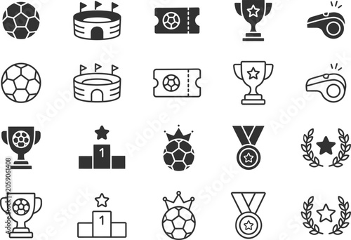 20 editable stroke and filled minimal vector illustrations for soccer sports and awards