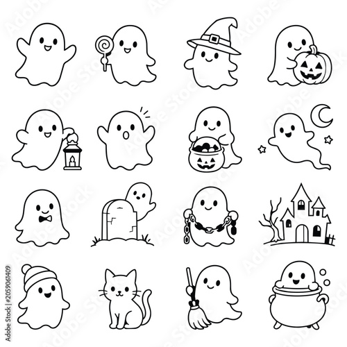Εκτύπωση καμβά Cute Halloween Ghost Doodle Set