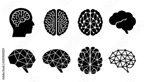Photos Brain Icons Set, Neural Network & Silhouette Vector Graphics, Medical & Science