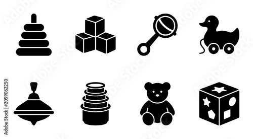 Obraz na płótnie Classic Baby Toys Vector Icons Set, Stacked Rings, Blocks, Rattle, Duck, Teddy B