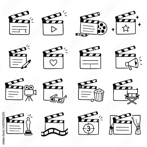 Hand Drawn Cinema Clapperboard Icons. A collection of sketched production slates symbolizing entertainment passion and movie making creative projects through unique graphic art.