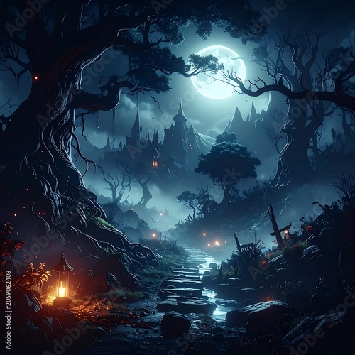 A spooky nighttime landscape with a glowing moon casting eerie light on a dark forest, ancient trees, and a distant castle