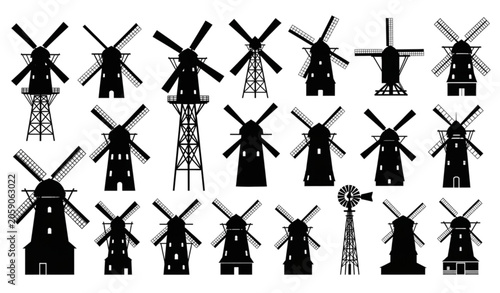 Cuadro en lienzo Vintage Windmill and Rural Landscape Silhouette Collection