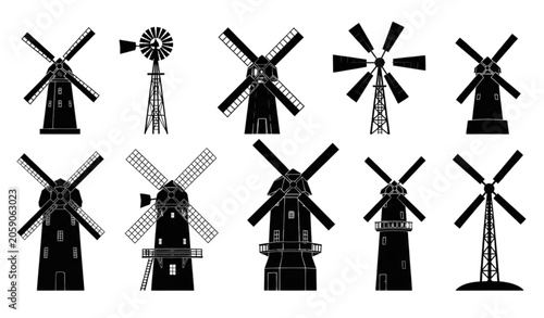 Tableau sur toile Traditional and Farm Windmill Silhouette Vector Collection
