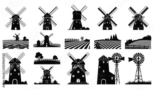 Photos Countryside Windmill Black Silhouette Vector Set