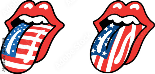 Pair of abstract red lips with tongues displaying American flag patterns side by side