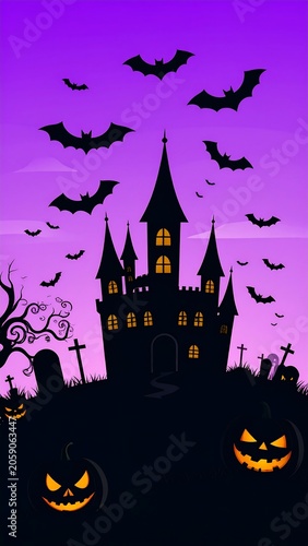 A spooky purple-lit castle with bats, jack-o-lanterns, and a graveyard
