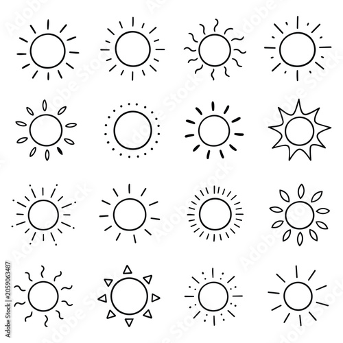 Hand Drawn Sun Icon Set Minimalist. Collection of sixteen sketched solar symbols. Each illustration radiates warmth and energy using simple black line art.