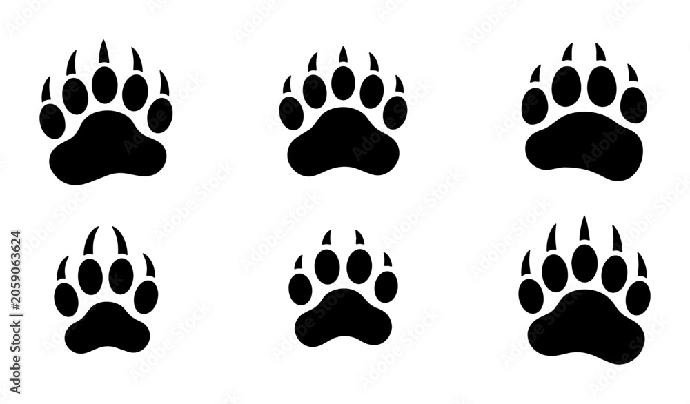 Fototapeta premium Bear Paw Prints Vector Icons, Wildlife Animal Tracks, Claw Mark Graphics, Nature Trail Symbols, Black and White