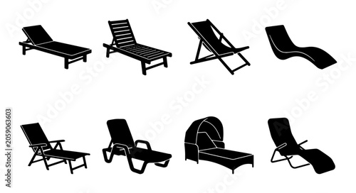 Bild auf Leinwand Collection of eight diverse black silhouette lounge chairs, deck chairs, and sunbeds for outdoor relaxation and poolside settings