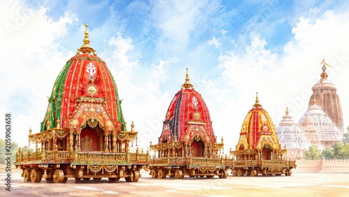 Watercolor illustration of rath yatra chariots.