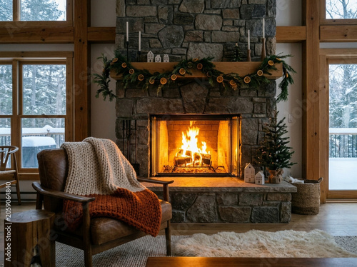 Cozy Fireplace with Christmas Decor in Winter Living Room  
