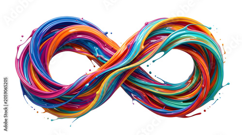 Abstract liquid paint color infinity symbol with vibrant swirling multicolor streams