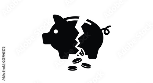 Broken piggy bank silhouette with coins a black and white graphic