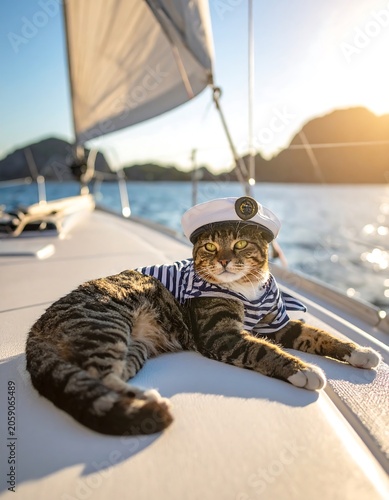 A tabby cat in a sailor outfit lies on a boat deck
