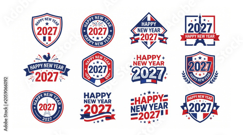 Fotografía Set of 12 happy new year 2027 graphic badges and emblems with french elements an