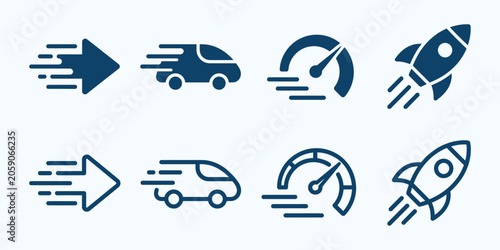 Fotografi speed icon collection with rocket, arrow, car, and gauge designs in monochrome v