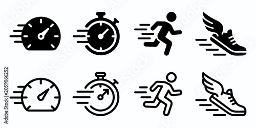 speedometer and runner hi-speed vector icon collection with black monochrome design