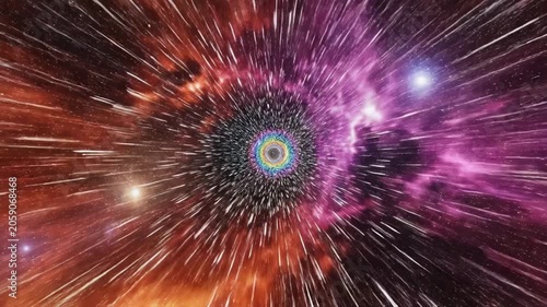 Colorful spiral galaxy with vibrant hues and dynamic light streaks, showcasing the cosmic motion through space in a mesmerizing visual journey across three frames